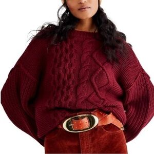 Free People Burgundy Cable Knit Sweater
